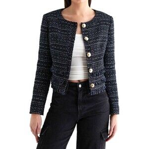 Express Womens Metallic Tweed Fringe Novelty Button Blazer Jacket Size L